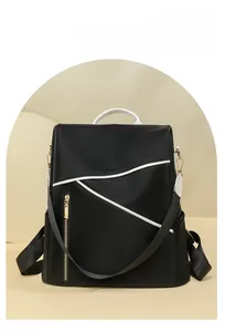 Detail showing the black PU leather texture and vertical gold zipper on the backpack
