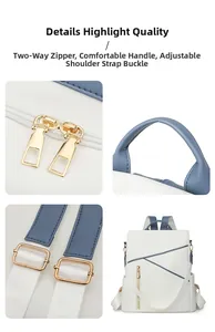 Detail showing high-quality dual metal zippers and reinforced leather handle of the backpack