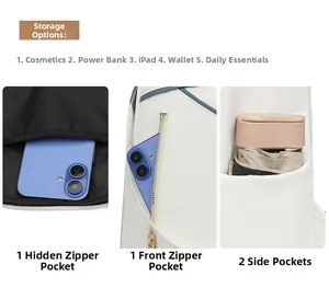 Detail of white leather backpack compartments showing side pockets and interior storage