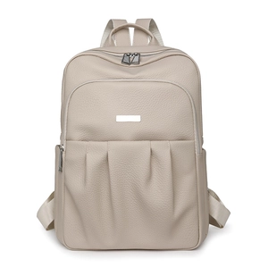 Minimalist beige oxford fabric backpack for women with front pleated pockets and silver metal tag