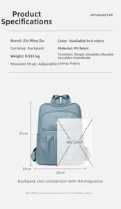 Detailed size chart for blue PU leather backpack measuring 37x29x14cm with A4 scale