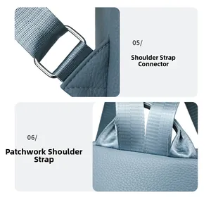 Detail view of blue textured leather backpack with adjustable silver metal buckle and strap