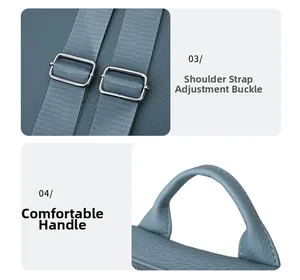 Detail of adjustable woven straps and smooth leather handle on a blue oxford backpack