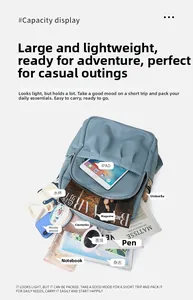 Detail view of large capacity blue oxford backpack showing storage for iPad and essentials