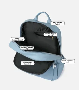 Detail view of the light blue backpack's multiple storage pockets and inner black lining