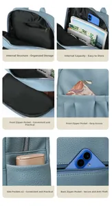 Detail view of Oxford fabric backpack featuring multi-pocket layout and anti-theft back pocket