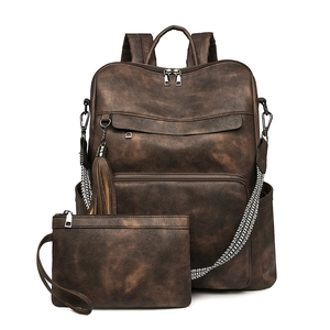 Deep brown vintage PU leather backpack and wristlet set with woven canvas straps
