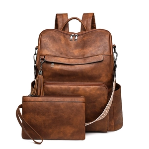 Vintage Women PU Leather Backpack Set With Tassel Woven Strap Fashion Business Laptop Travel Shoulder Bag And Pouch