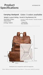 Detailed size comparison of brown vintage PU leather backpack set with A4 magazine