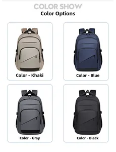 Men's versatile travel backpack displayed in khaki, blue, gray, and black color options