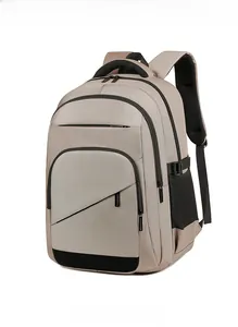 Detail of khaki business backpack featuring durable fabric and side mesh pocket