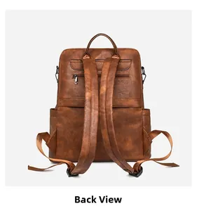 Rear view of brown litchi grain leather business backpack with anti-theft zipper pocket