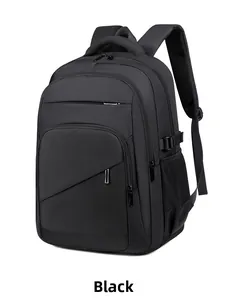 Detail of multi-functional black business backpack with water-resistant nylon and mesh pockets