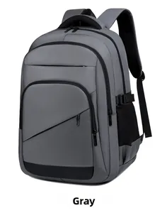 Detail of grey business backpack with durable nylon fabric and functional zipper compartments