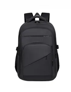 Front view of black durable nylon business backpack with large capacity and zippered pockets