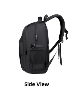 Side view of black nylon backpack featuring breathable mesh pockets and adjustable buckles