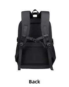 Ergonomic back view of a black business backpack with breathable mesh and chest strap