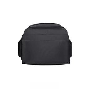 Detailed bottom view of black durable nylon backpack showing wide base and sturdy stitching