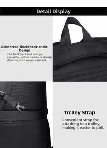 Detail of durable nylon backpack showing reinforced handle and trolley sleeve feature