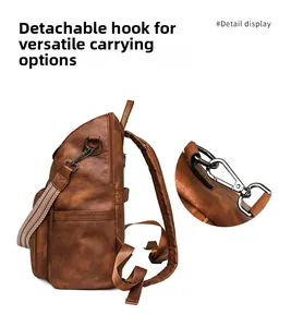 Detail of detachable metal hooks on brown PU leather backpack with jacquard strap