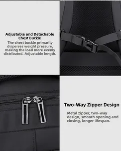 Detail of adjustable chest buckle and durable dual metal zippers on black backpack
