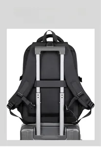 Ergonomic black travel backpack featuring a breathable mesh back and suitcase luggage strap