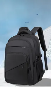 Detailed view of black commuter backpack with multi-pocket design against urban sky