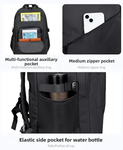 Detail view of multifunctional compartments, front zipper pocket and side mesh water bottle holder