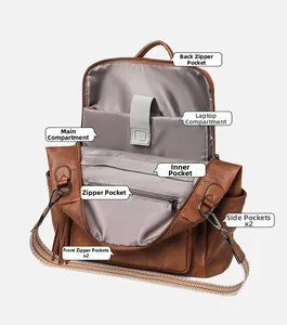 Detail view of laptop compartment and inner pockets in a brown vintage business backpack