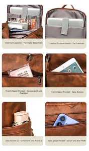 Detail view of brown leather backpack with laptop compartment and multi-pocket interior