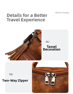 Detail display of brown faux leather backpack with tassel decoration and two-way zipper