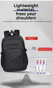 Detailed comparison showing lightweight 0.82KG business backpack balanced against water bottles