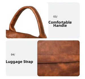 Detail of ergonomic top handle and luggage strap on vintage brown leather backpack