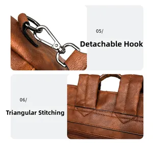 Detail of brown leather backpack with detachable metal hook and triangle stitching reinforcement
