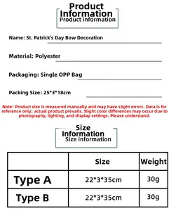 Detailed size chart for St. Patrick's Day polyester bow decorations with dimensions