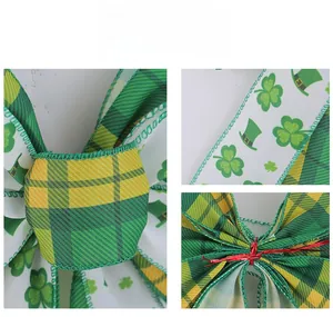 Macro detail of St. Patrick's Day bow featuring green shamrocks and clover patterns