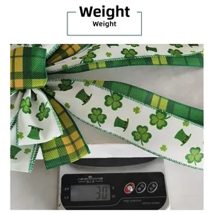 Weight measurement of a green St. Patrick's Day ribbon bow with shamrock and hat patterns
