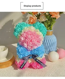 Macro shot of colorful PE rose petal texture and branded black ribbon on flower bear