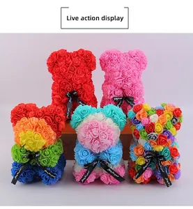 Detail of colorful PE foam rose teddy bears with Just for you silk ribbons in five colors