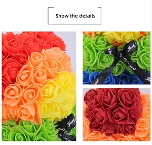 Detailed close-up of rainbow PE foam roses on gift bear with Just For You ribbon