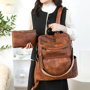 Vintage brown PU leather laptop backpack set for women with fringe and small matching pouch