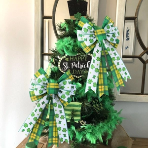Saint Patrick's Day ribbon bows with green clover and plaid patterns for festive DIY decor