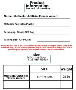 Size chart showing 40x40cm dimensions for colorful artificial flower wreath decoration