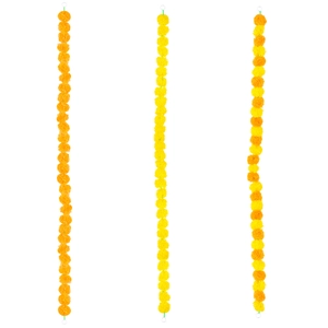 Three vibrant orange and yellow artificial marigold garlands for Diwali and festive decoration