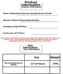 Detailed size chart for Independence Day wreath with branch rattan and flag motifs