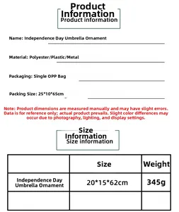 Detailed spec sheet showing size 20x15x62cm and materials for the umbrella floral decor