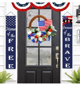 Patriotic USA Independence Day door decor with star banners and floral wreath on black door