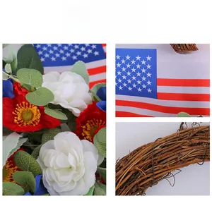 Detail view of American Independence Day wreath featuring red blue roses and natural vine base