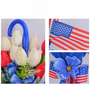 Detailed macro view of American flag tulips and star-spangled ribbon on wall hanging