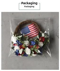 Detail of USA Independence Day floral wreath in clear plastic packaging for protection